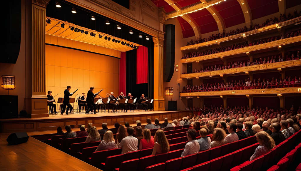 大型音楽ホールでクラシック演奏を行っている様子